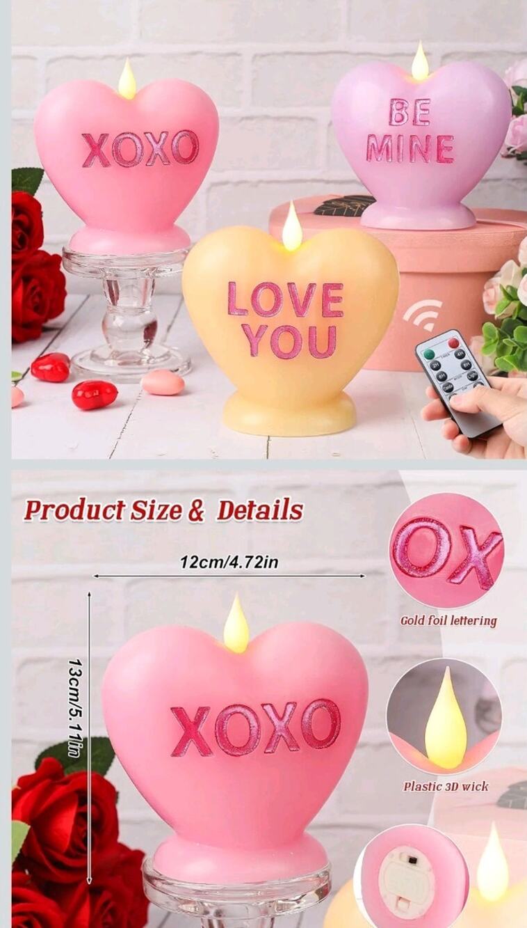 3 Pack Valentine's Day Candles Flameless Flickering Battery Op Realistic Flame